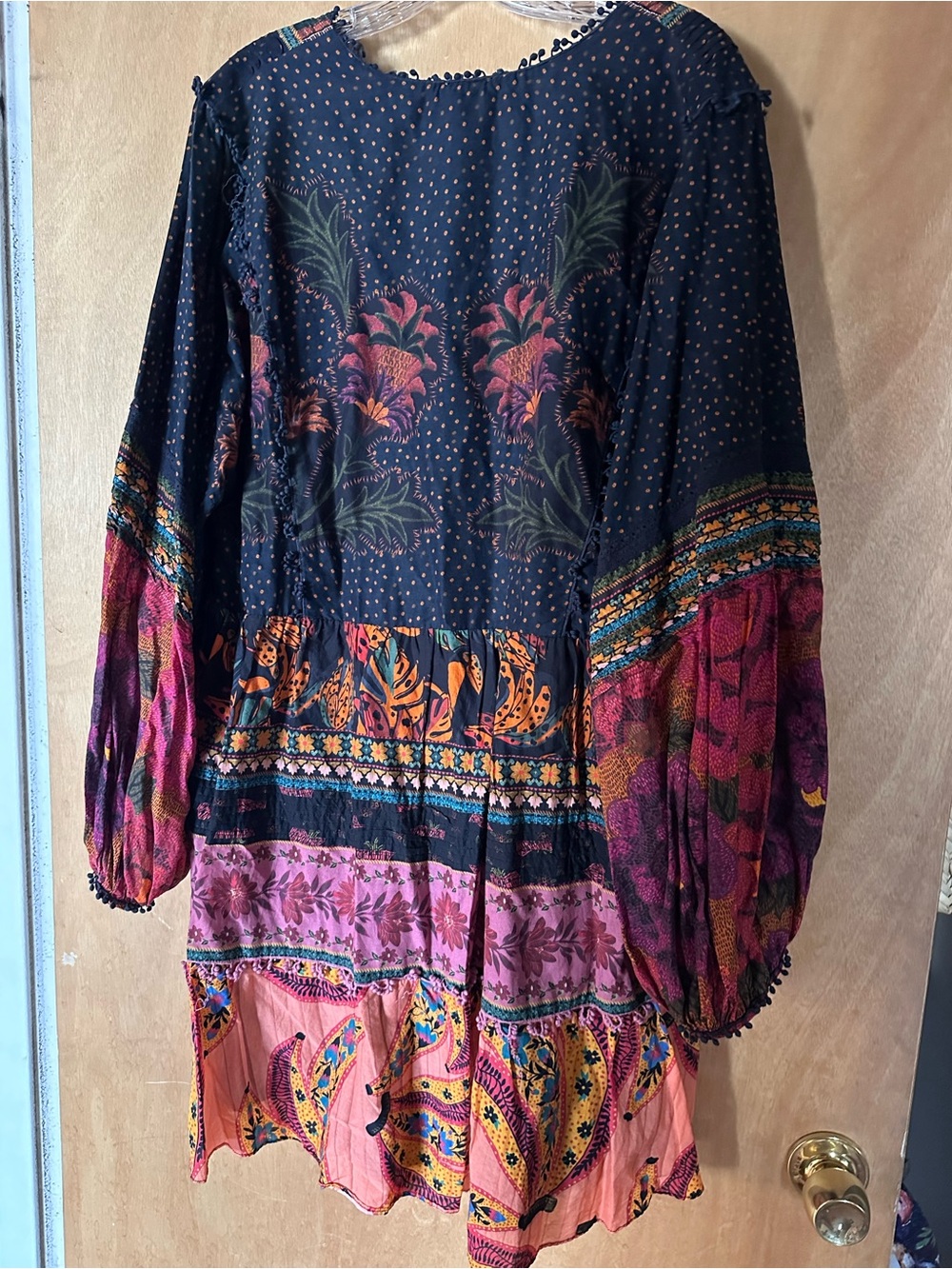 Farm Rio, Bohemian Patchwork V-Neck Long Sleeve Dress in Navy Multi - Picture 3 of 6